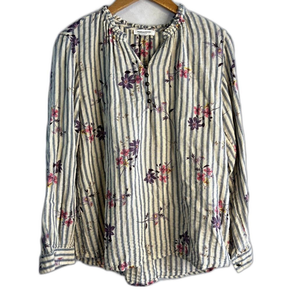 Beach Lunch Lounge Floral Striped Soft Cotton Blouse Size Small